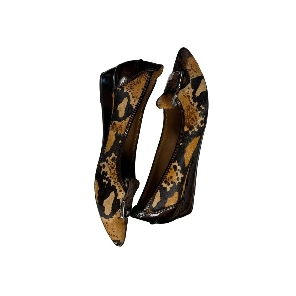 Donald J Pliner Leopard Calf Hair Wedge Pumps Pointed Toe Buckle Brown Womens